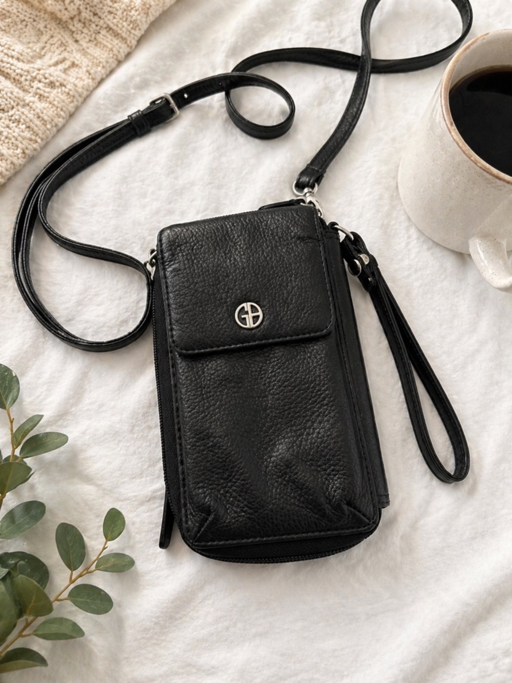 Giani Bernini Black Leather Crossbody Wallet Bag Organizer Phone Purse Small